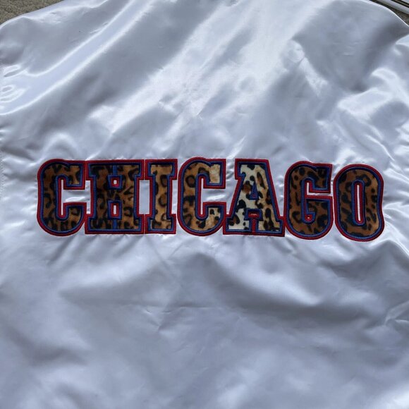 [S] STARTER CHICAGO CUBS BLACK LABEL Jacket Cheetah Print Logo Snap Buttons - Picture 7 of 10